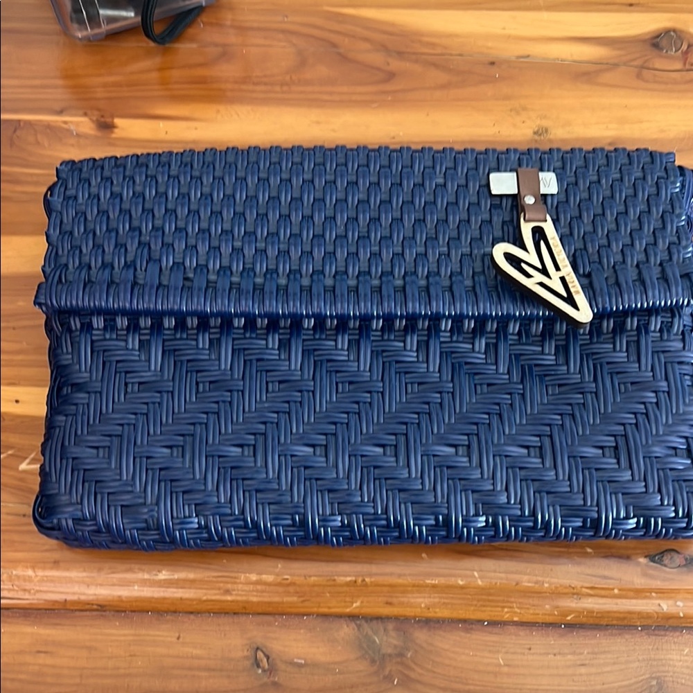 Elegant Blue Woven Clutch with Gold Accent